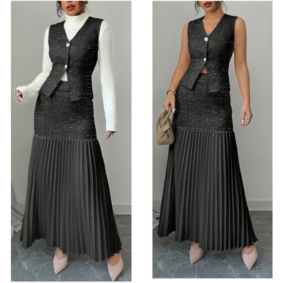 Classic Solid Botton Vest High Waisted Maxi Skirt Set - Picture 3 of 3
